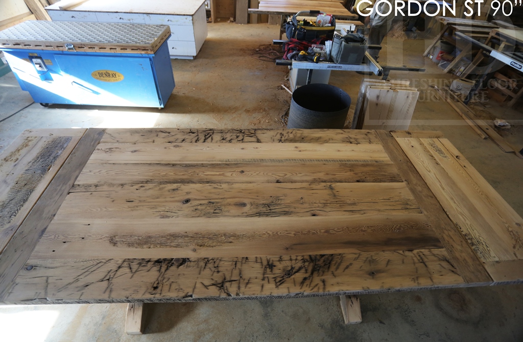 reclaimed wood sawbuck table, leather parsons chairs, reclaimed hemlock table, cottage table, farmhouse table, solid wood table, mennonite furniture guelph, ontario, resin, recycled wood table, rustic table, rustic furniture canada 