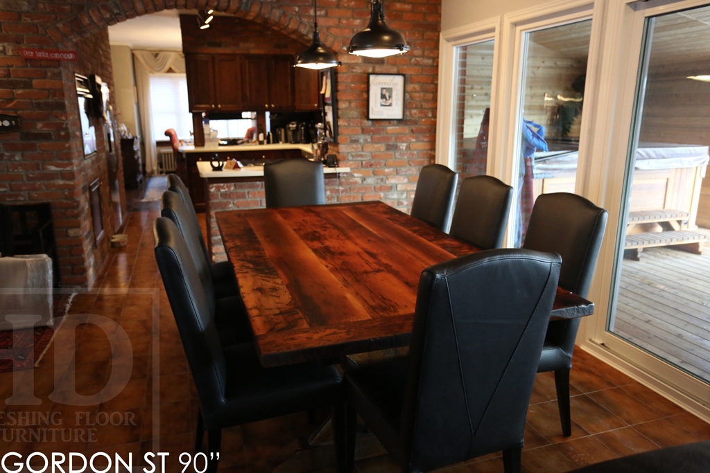 reclaimed wood sawbuck table, leather parsons chairs, reclaimed hemlock table, cottage table, farmhouse table, solid wood table, mennonite furniture guelph, ontario, resin, recycled wood table, rustic table, rustic furniture canada 