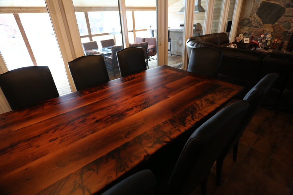 reclaimed wood sawbuck table, leather parsons chairs, reclaimed hemlock table, cottage table, farmhouse table, solid wood table, mennonite furniture guelph, ontario, resin, recycled wood table, rustic table, rustic furniture canada 