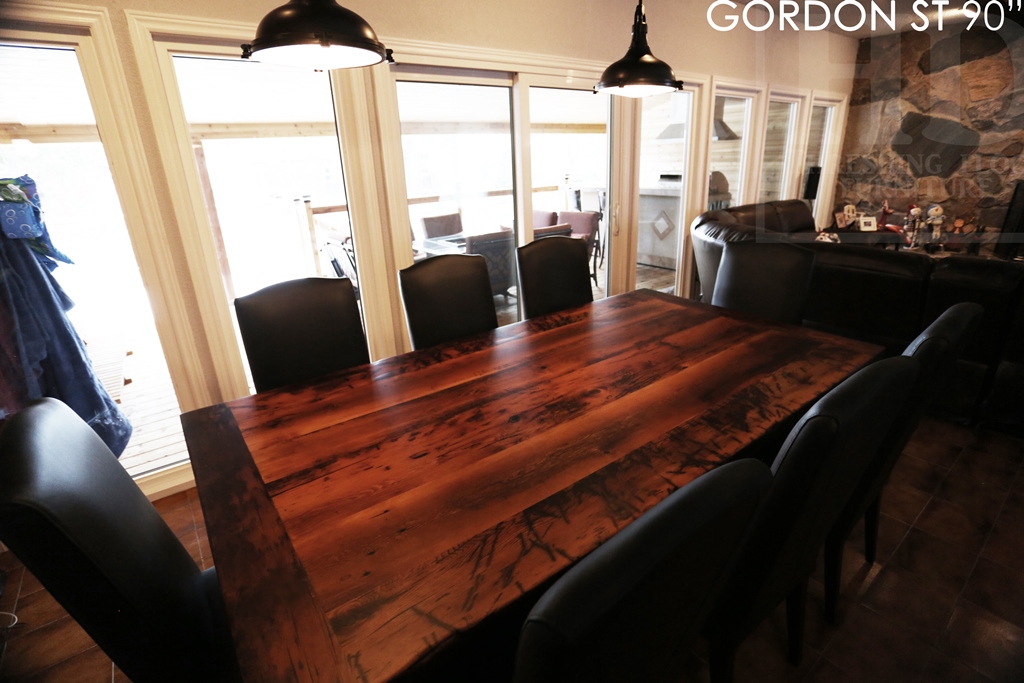 reclaimed wood sawbuck table, leather parsons chairs, reclaimed hemlock table, cottage table, farmhouse table, solid wood table, mennonite furniture guelph, ontario, resin, recycled wood table, rustic table, rustic furniture canada 