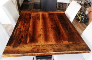 reclaimed wood table Port Dover, Ontario, barnwood table, rustic wood tables Ontario, Port Dover Mennonite furniture, epoxy, resin, threshing floor furniture, threshing floor table, hemlock table, solid wood furniture Ontario, metal base reclaimed wood table, cottage furniture, farmhouse table, harvest table