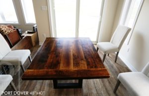 reclaimed wood table Port Dover, Ontario, barnwood table, rustic wood tables Ontario, Port Dover Mennonite furniture, epoxy, resin, threshing floor furniture, threshing floor table, hemlock table, solid wood furniture Ontario, metal base reclaimed wood table, cottage furniture, farmhouse table, harvest table