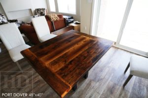 reclaimed wood table Port Dover, Ontario, barnwood table, rustic wood tables Ontario, Port Dover Mennonite furniture, epoxy, resin, threshing floor furniture, threshing floor table, hemlock table, solid wood furniture Ontario, metal base reclaimed wood table, cottage furniture, farmhouse table, harvest table