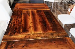 reclaimed wood table Port Dover, Ontario, barnwood table, rustic wood tables Ontario, Port Dover Mennonite furniture, epoxy, resin, threshing floor furniture, threshing floor table, hemlock table, solid wood furniture Ontario, metal base reclaimed wood table, cottage furniture, farmhouse table, harvest table