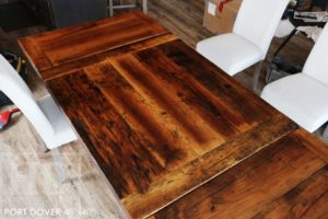 reclaimed wood table Port Dover, Ontario, barnwood table, rustic wood tables Ontario, Port Dover Mennonite furniture, epoxy, resin, threshing floor furniture, threshing floor table, hemlock table, solid wood furniture Ontario, metal base reclaimed wood table, cottage furniture, farmhouse table, harvest table