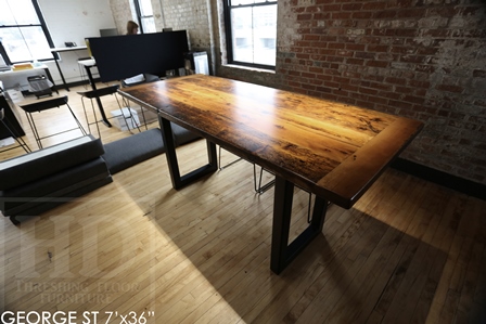 boardroom tables Ontario, reclaimed wood boardroom table, custom boardroom table, reclaimed wood tables Ontario, Mennonite Furniture, epoxy finish, reclaimed wood metal base table, farmhouse table, rustic furniture Canada