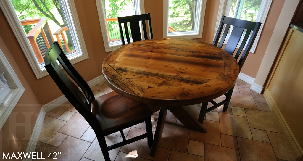 reclaimed wood round table, Kitchener, Ontario, X Base table, recycled wood furniture, recycled materials furniture, Mennonite Furniture, rustic furniture Canada, epoxy 