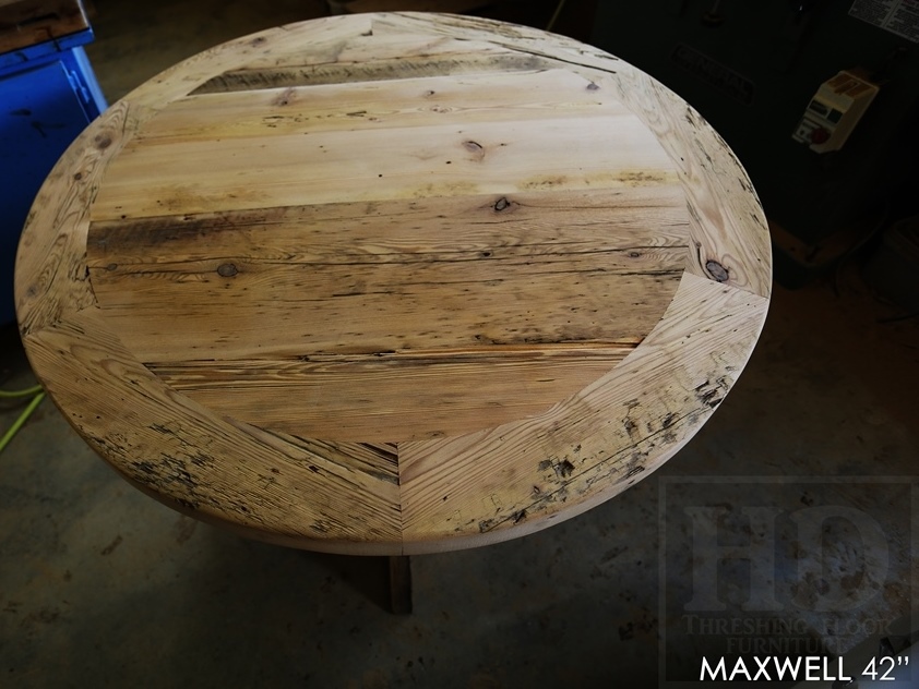 reclaimed wood round table, Kitchener, Ontario, X Base table, recycled wood furniture, recycled materials furniture, Mennonite Furniture, rustic furniture Canada, epoxy 