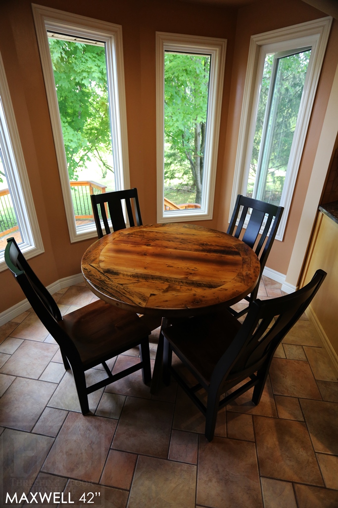 reclaimed wood round table, Kitchener, Ontario, X Base table, recycled wood furniture, recycled materials furniture, Mennonite Furniture, rustic furniture Canada, epoxy 