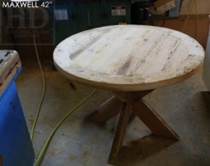 reclaimed wood round table, Kitchener, Ontario, X Base table, recycled wood furniture, recycled materials furniture, Mennonite Furniture, rustic furniture Canada, epoxy