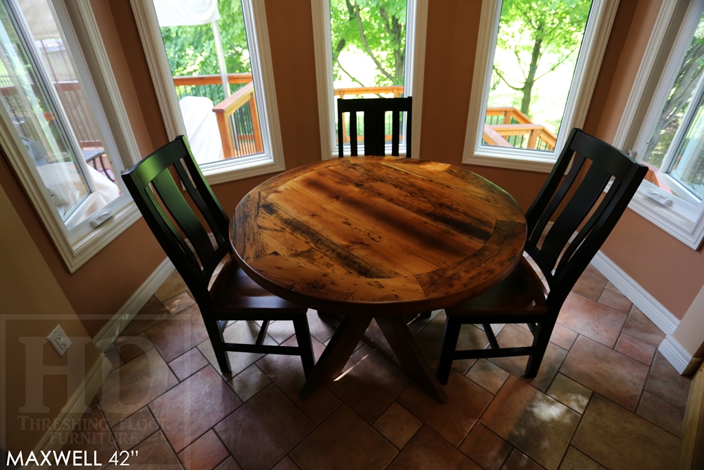 reclaimed wood round table, Kitchener, Ontario, X Base table, recycled wood furniture, recycled materials furniture, Mennonite Furniture, rustic furniture Canada, epoxy 