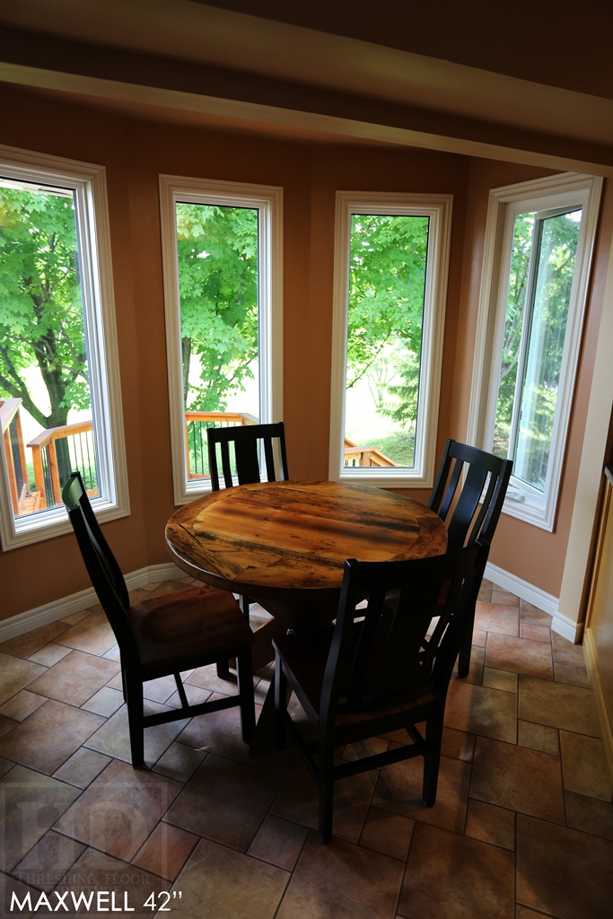 reclaimed wood round table, Kitchener, Ontario, X Base table, recycled wood furniture, recycled materials furniture, Mennonite Furniture, rustic furniture Canada, epoxy 