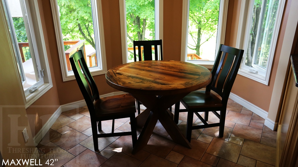 reclaimed wood round table, Kitchener, Ontario, X Base table, recycled wood furniture, recycled materials furniture, Mennonite Furniture, rustic furniture Canada, epoxy 