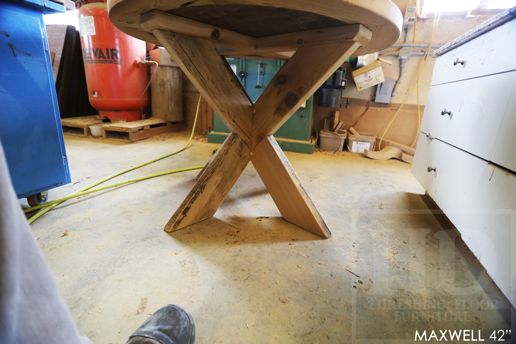 reclaimed wood round table, Kitchener, Ontario, X Base table, recycled wood furniture, recycled materials furniture, Mennonite Furniture, rustic furniture Canada, epoxy 