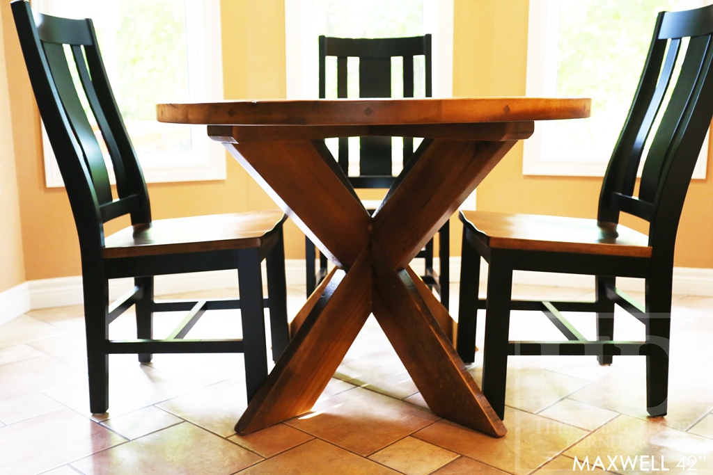 reclaimed wood round table, Kitchener, Ontario, X Base table, recycled wood furniture, recycled materials furniture, Mennonite Furniture, rustic furniture Canada, epoxy 