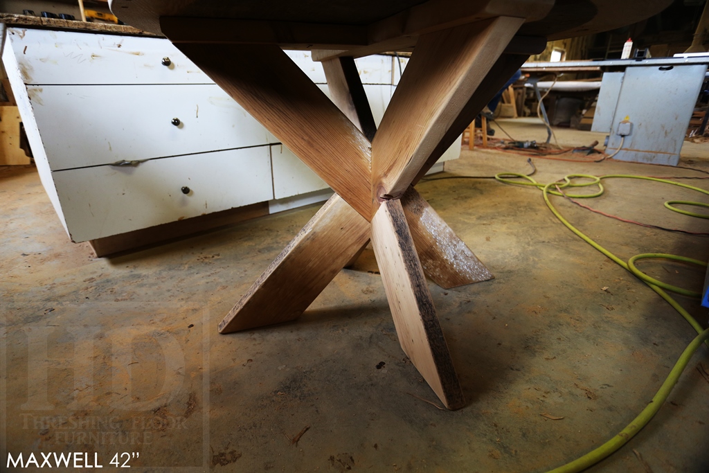 reclaimed wood round table, Kitchener, Ontario, X Base table, recycled wood furniture, recycled materials furniture, Mennonite Furniture, rustic furniture Canada, epoxy 