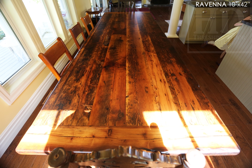 reclaimed wood table, Ravenna Ontario, Cottage Furniture Ontario, farmhouse harvest table, epoxy, threshing tables, cottage table, rustic bench, mennonite furniture Ontario, solid wood furniture Ontario