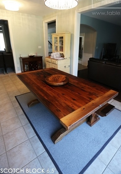 reclaimed wood trestle table, solid wood table, reclaimed wood table Milton Ontario, threshing floor table, epoxy, reclaimed wood bench, lazy susan, mennonite furniture, farmhouse table, recycled wood furniture