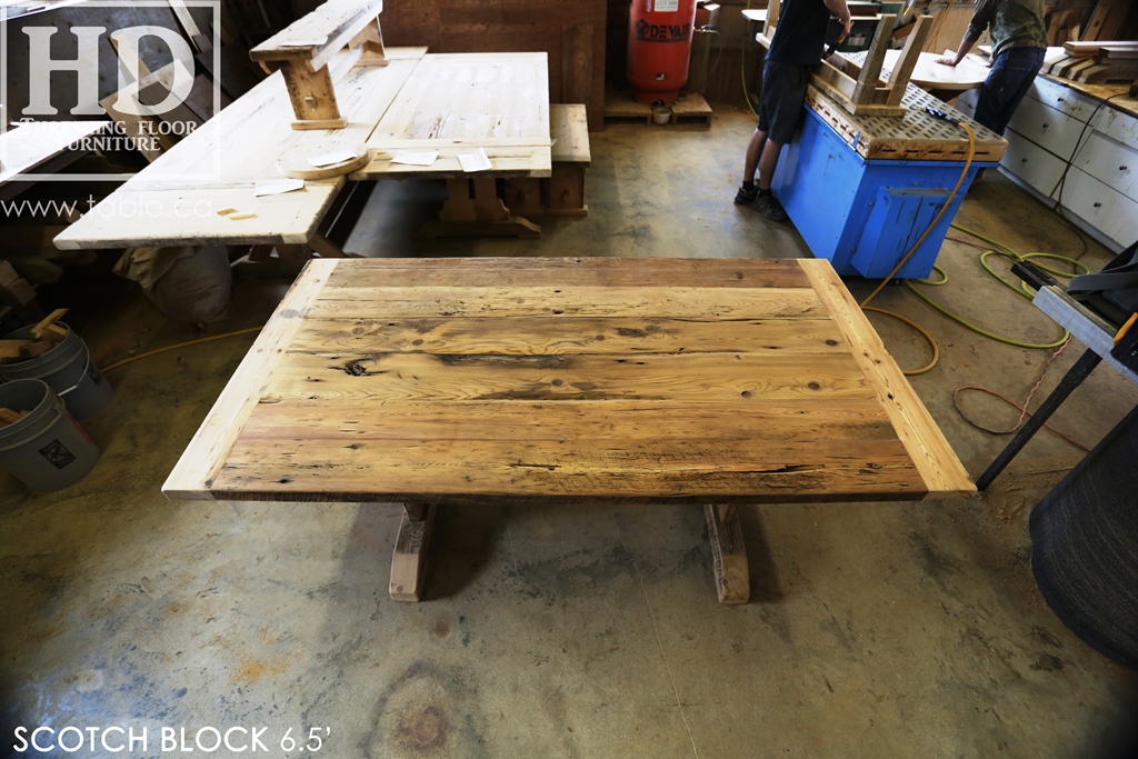 reclaimed wood trestle table, solid wood table, reclaimed wood table Milton Ontario, threshing floor table, epoxy, reclaimed wood bench, lazy susan, mennonite furniture, farmhouse table, recycled wood furniture