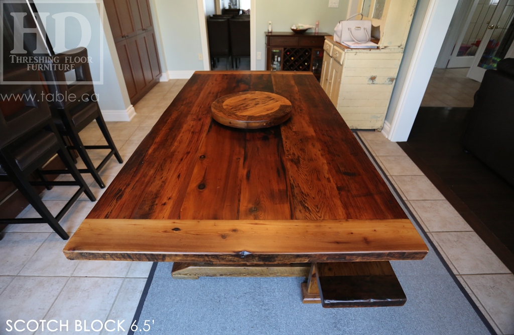 reclaimed wood trestle table, solid wood table, reclaimed wood table Milton Ontario, threshing floor table, epoxy, reclaimed wood bench, lazy susan, mennonite furniture, farmhouse table, recycled wood furniture