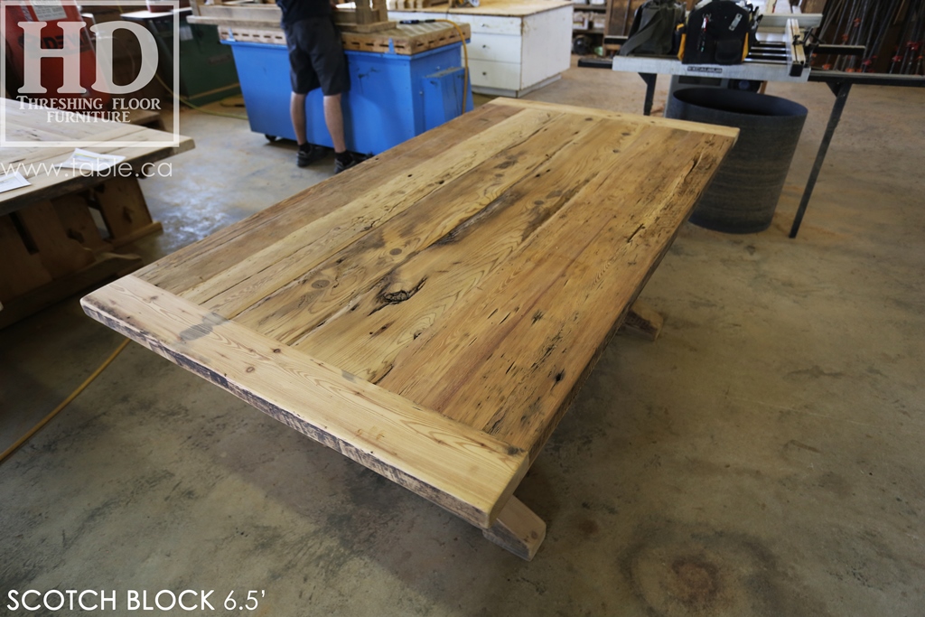 reclaimed wood trestle table, solid wood table, reclaimed wood table Milton Ontario, threshing floor table, epoxy, reclaimed wood bench, lazy susan, mennonite furniture, farmhouse table, recycled wood furniture