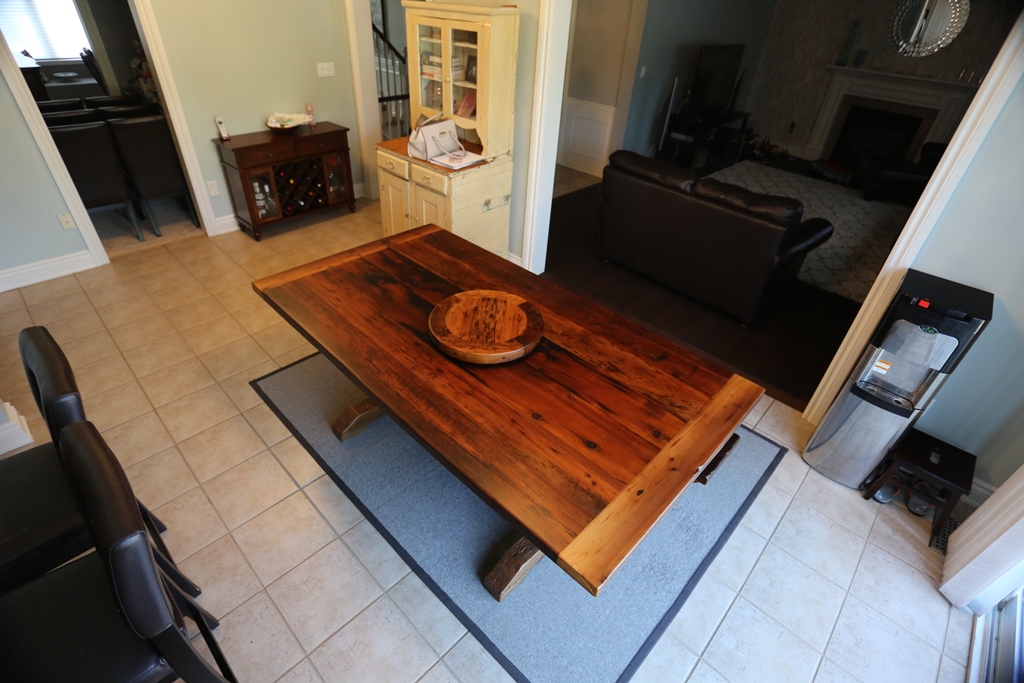 reclaimed wood trestle table, solid wood table, reclaimed wood table Milton Ontario, threshing floor table, epoxy, reclaimed wood bench, lazy susan, mennonite furniture, farmhouse table, recycled wood furniture