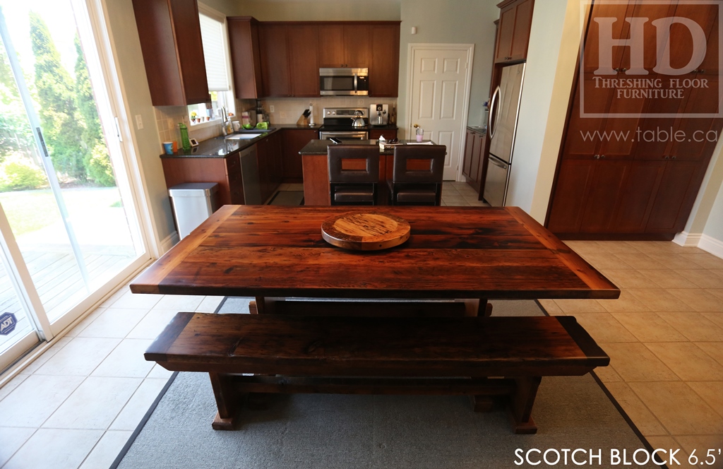 reclaimed wood trestle table, solid wood table, reclaimed wood table Milton Ontario, threshing floor table, epoxy, reclaimed wood bench, lazy susan, mennonite furniture, farmhouse table, recycled wood furniture