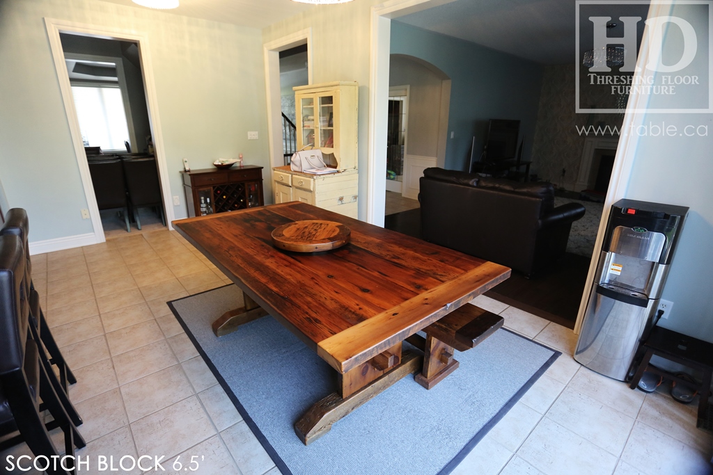 reclaimed wood trestle table, solid wood table, reclaimed wood table Milton Ontario, threshing floor table, epoxy, reclaimed wood bench, lazy susan, mennonite furniture, farmhouse table, recycled wood furniture