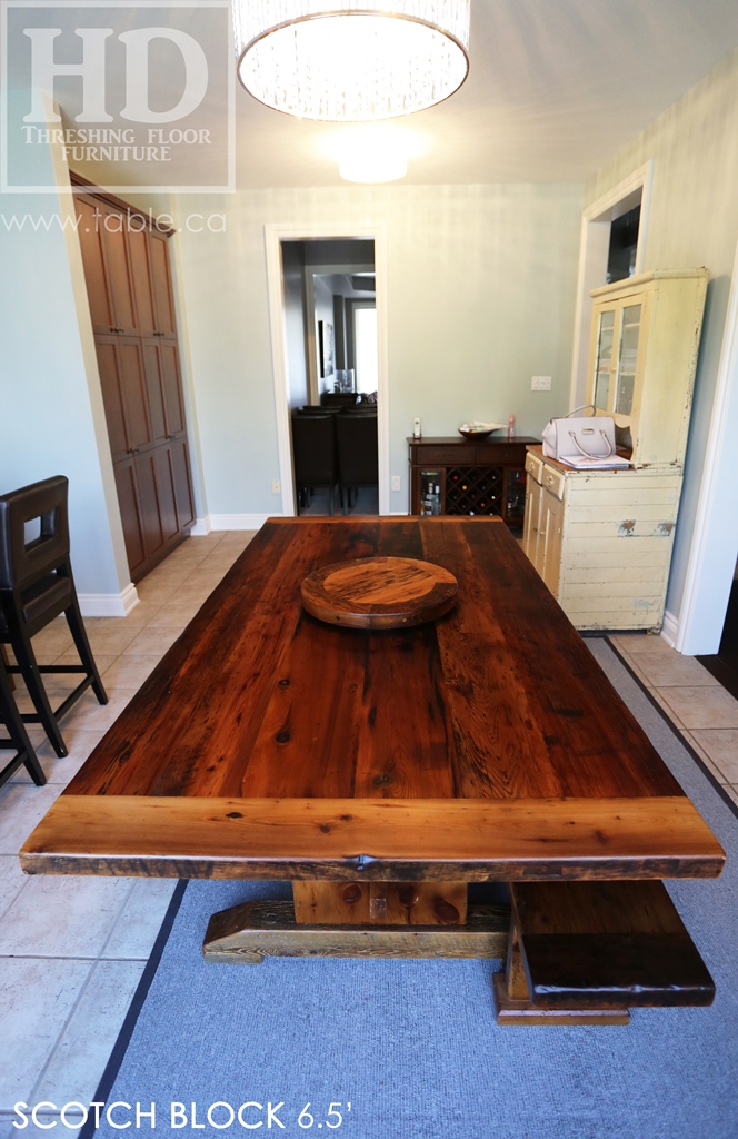 reclaimed wood trestle table, solid wood table, reclaimed wood table Milton Ontario, threshing floor table, epoxy, reclaimed wood bench, lazy susan, mennonite furniture, farmhouse table, recycled wood furniture