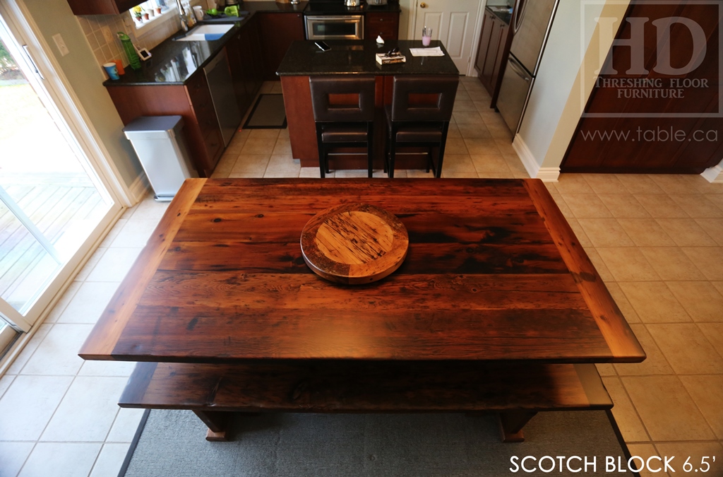 reclaimed wood trestle table, solid wood table, reclaimed wood table Milton Ontario, threshing floor table, epoxy, reclaimed wood bench, lazy susan, mennonite furniture, farmhouse table, recycled wood furniture