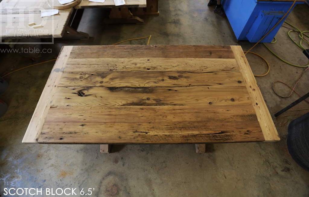 reclaimed wood trestle table, solid wood table, reclaimed wood table Milton Ontario, threshing floor table, epoxy, reclaimed wood bench, lazy susan, mennonite furniture, farmhouse table, recycled wood furniture