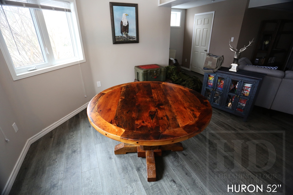 round table, reclaimed wood round table, Kitchener Ontario, round pedestal table, custom round table, mennonite furniture, solid wood furniture, epoxy