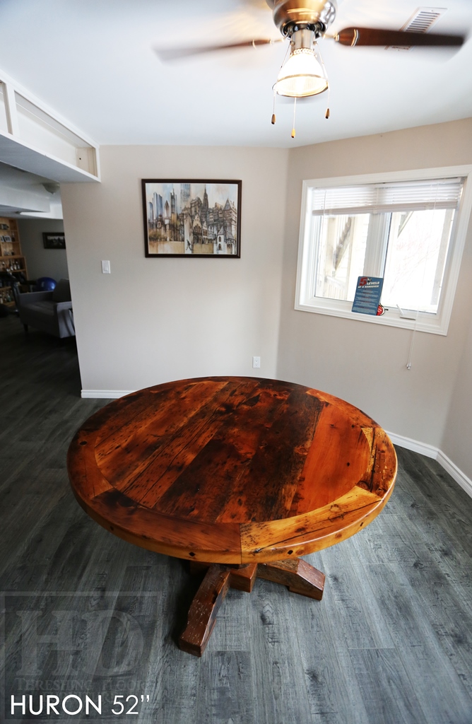 round table, reclaimed wood round table, Kitchener Ontario, round pedestal table, custom round table, mennonite furniture, solid wood furniture, epoxy