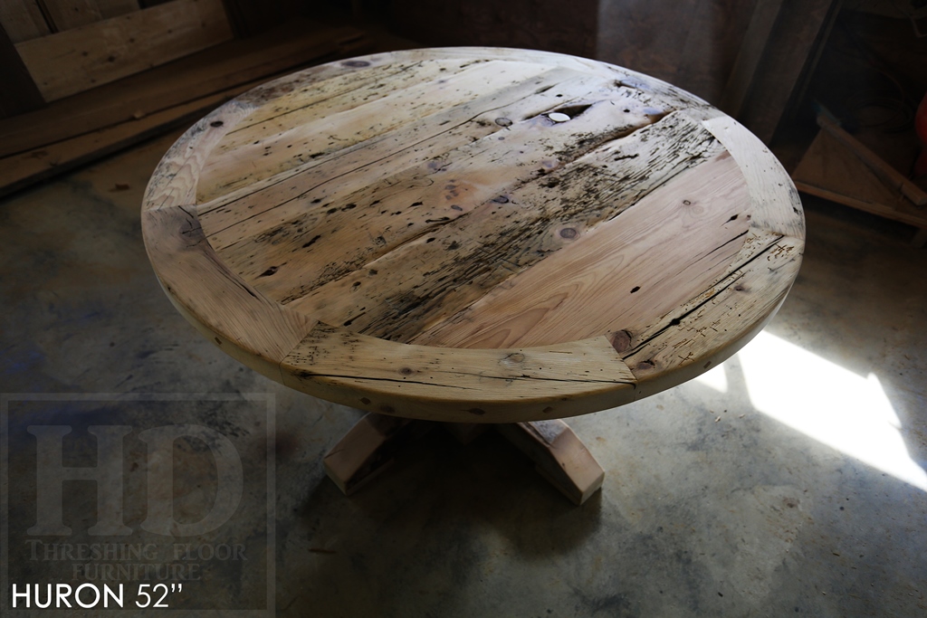 round table, reclaimed wood round table, Kitchener Ontario, round pedestal table, custom round table, mennonite furniture, solid wood furniture, epoxy