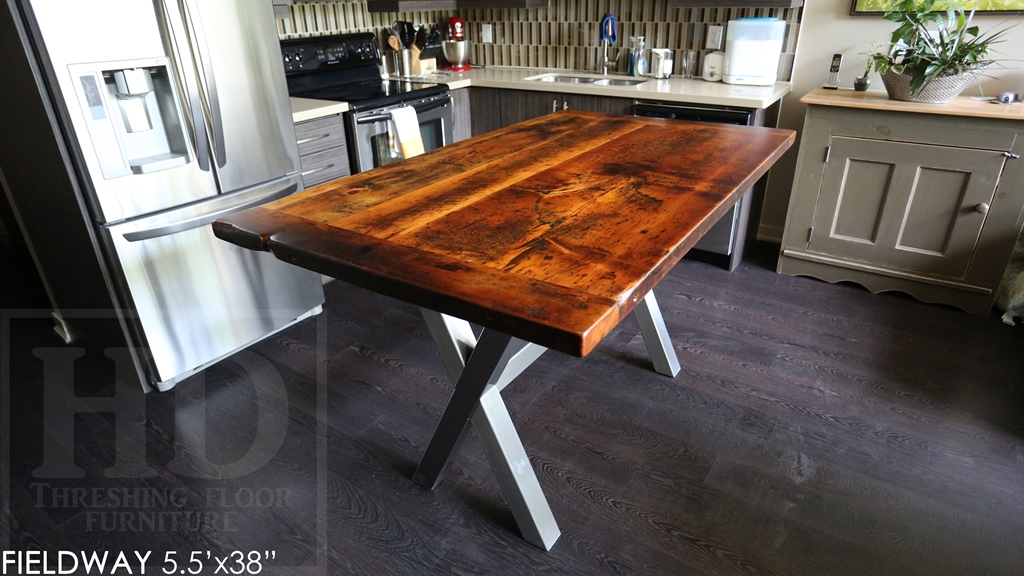 reclaimed wood tables Ontario, metal x base table, harvest tables Toronto, modern farmhouse, Gerald Reinink, distressed wood table