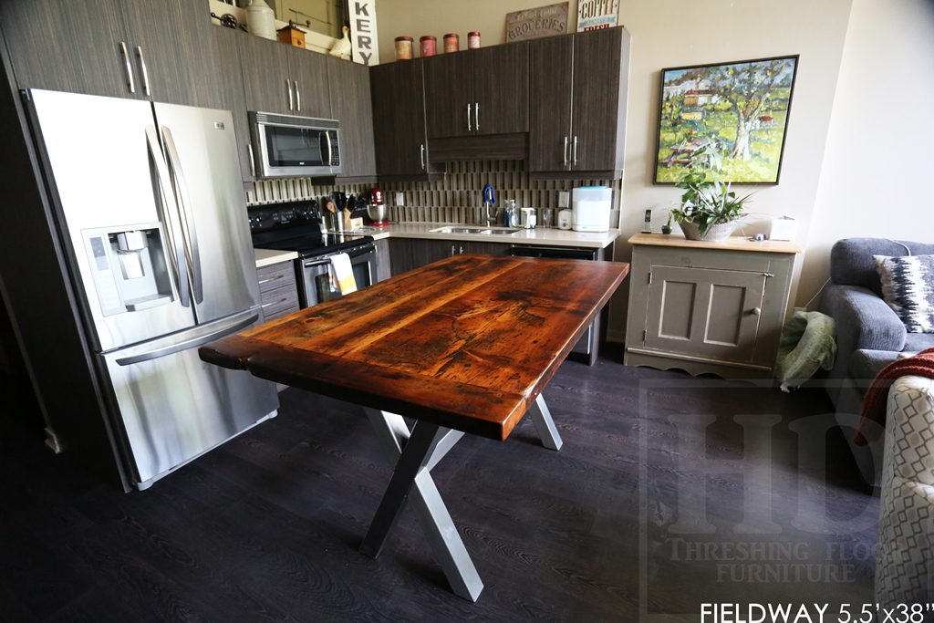 reclaimed wood tables Ontario, metal x base table, harvest tables Toronto, modern farmhouse, Gerald Reinink, distressed wood table
