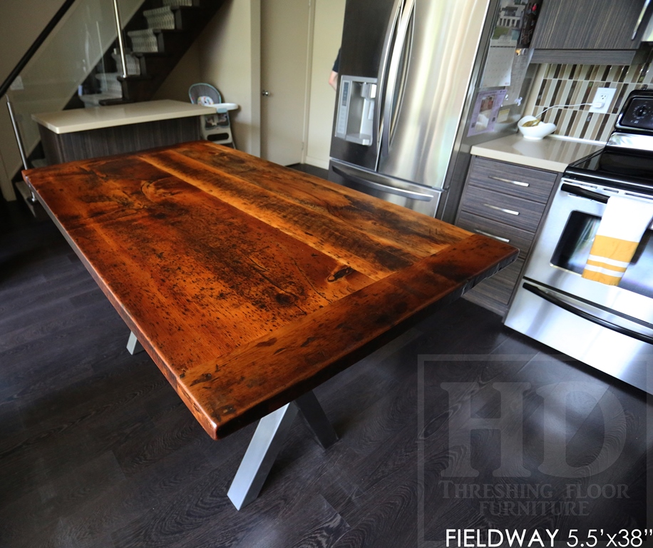 reclaimed wood tables Ontario, metal x base table, harvest tables Toronto, modern farmhouse, Gerald Reinink, distressed wood table