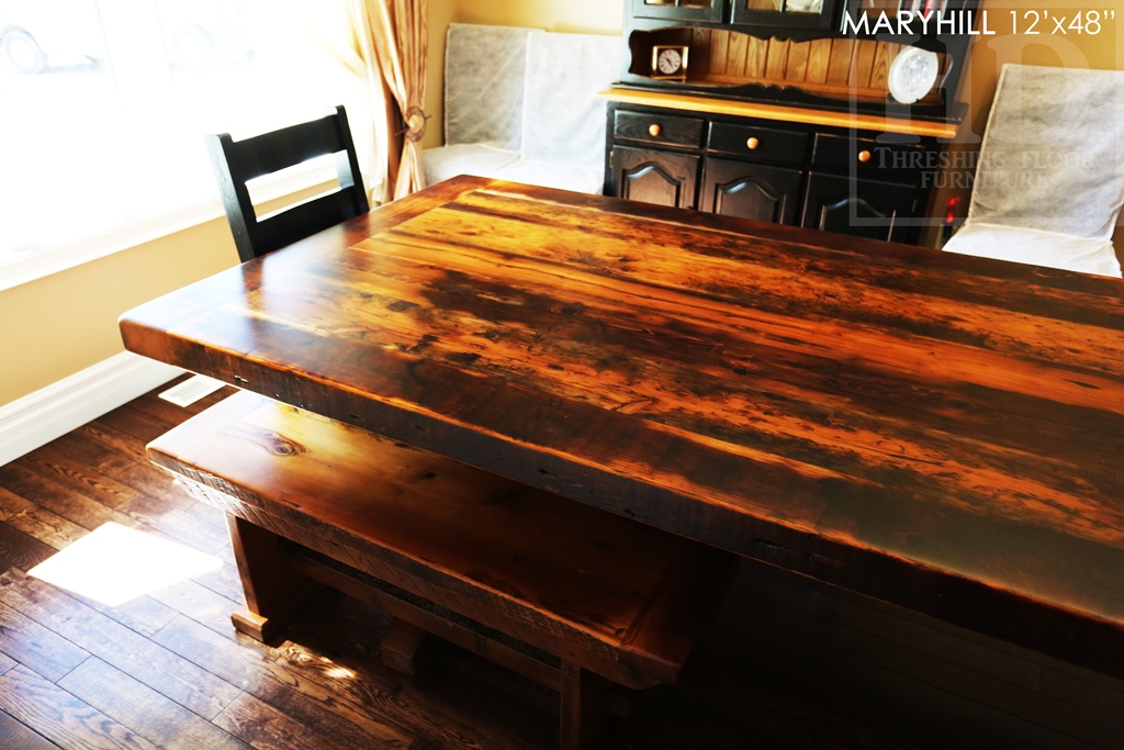 reclaimed wood table, trestle table, Maryhill, Ontario, Mennonite Furniture, recycled wood furniture, cottage table, epoxy finish, HD Threshing Floor Furniture, Gerald Reinink