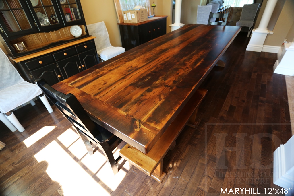 reclaimed wood table, trestle table, Maryhill, Ontario, Mennonite Furniture, recycled wood furniture, cottage table, epoxy finish, HD Threshing Floor Furniture, Gerald Reinink