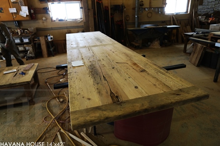 boardroom table Toronto, reclaimed wood tables Ontario, mennonite furniture, custom reclaimed wood table, epoxy, resin, conference table, cigar table, havana house, hemlock, barnwood table, solid wood furniture, commercial table