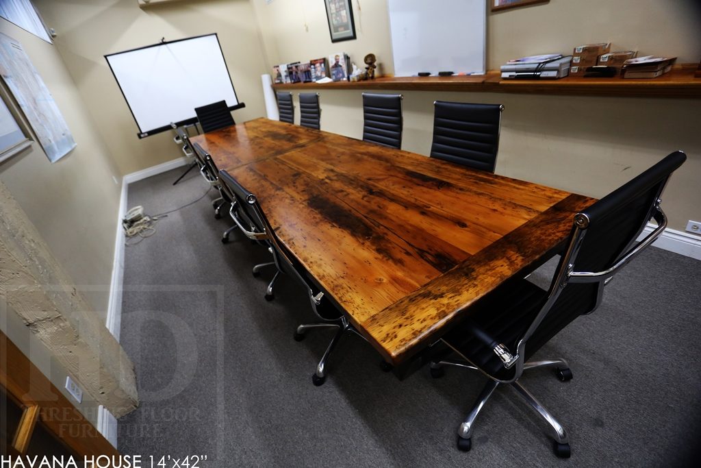 boardroom table Toronto, reclaimed wood tables Ontario, mennonite furniture, custom reclaimed wood table, epoxy, resin, conference table, cigar table, havana house, hemlock, barnwood table, solid wood furniture, commercial table