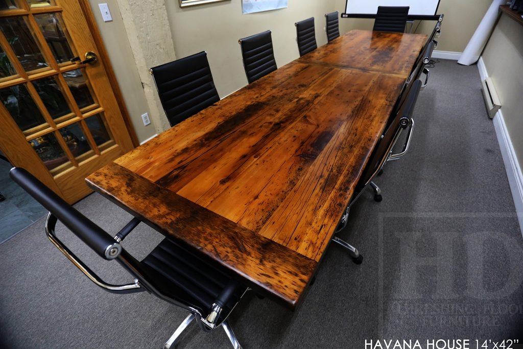 boardroom table Toronto, reclaimed wood tables Ontario, mennonite furniture, custom reclaimed wood table, epoxy, resin, conference table, cigar table, havana house, hemlock, barnwood table, solid wood furniture, commercial table