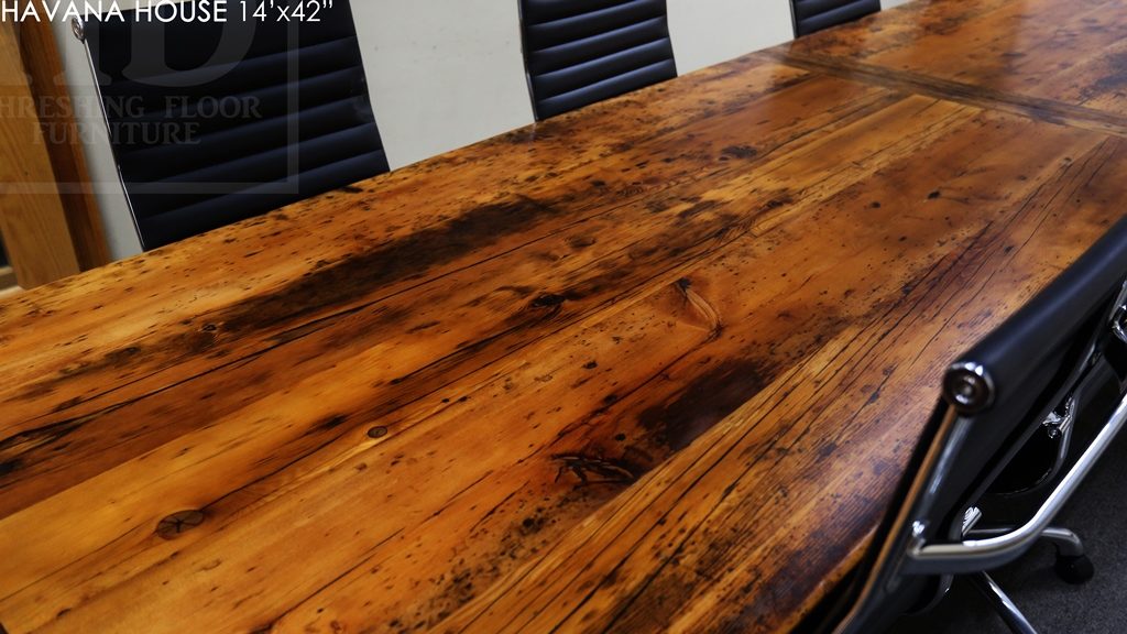 boardroom table Toronto, reclaimed wood tables Ontario, mennonite furniture, custom reclaimed wood table, epoxy, resin, conference table, cigar table, havana house, hemlock, barnwood table, solid wood furniture, commercial table