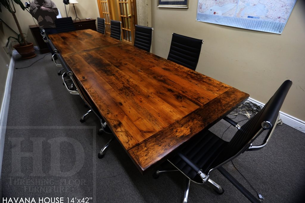 boardroom table Toronto, reclaimed wood tables Ontario, mennonite furniture, custom reclaimed wood table, epoxy, resin, conference table, cigar table, havana house, hemlock, barnwood table, solid wood furniture, commercial table