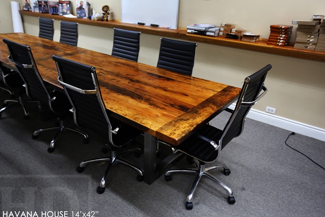 boardroom table Toronto, reclaimed wood tables Ontario, mennonite furniture, custom reclaimed wood table, epoxy, resin, conference table, cigar table, havana house, hemlock, barnwood table, solid wood furniture, commercial table