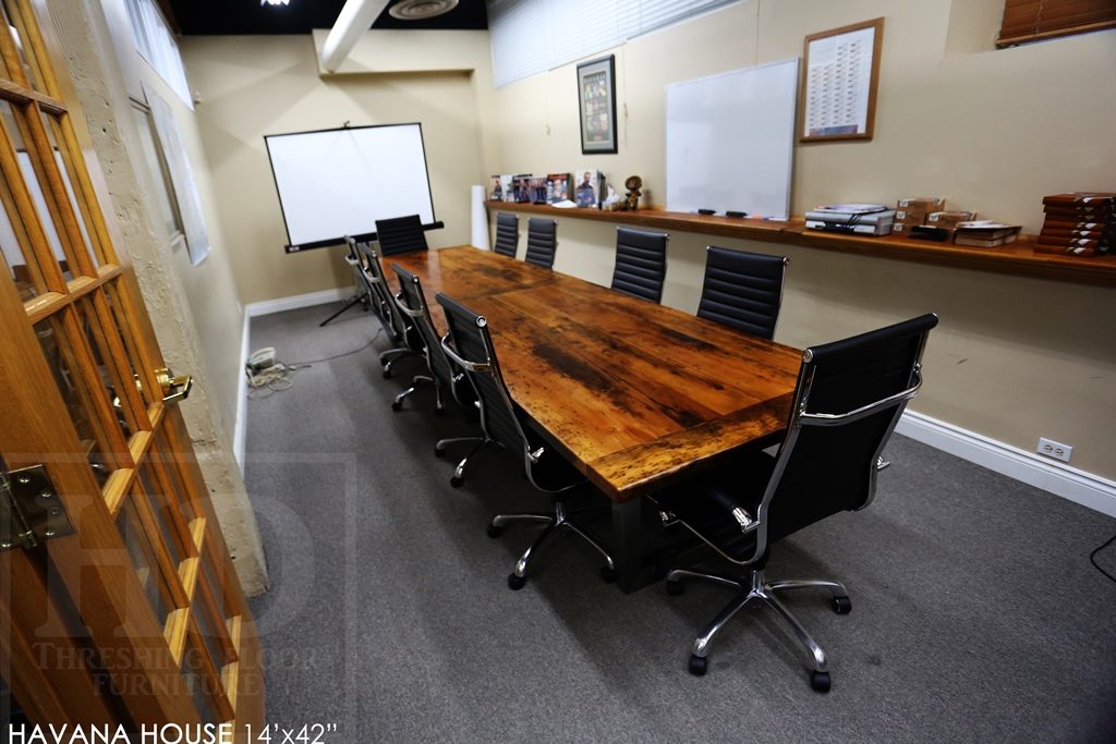 boardroom table Toronto, reclaimed wood tables Ontario, mennonite furniture, custom reclaimed wood table, epoxy, resin, conference table, cigar table, havana house, hemlock, barnwood table, solid wood furniture, commercial table