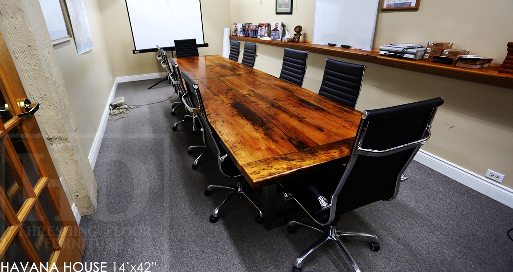 boardroom table Toronto, reclaimed wood tables Ontario, mennonite furniture, custom reclaimed wood table, epoxy, resin, conference table, cigar table, havana house, hemlock, barnwood table, solid wood furniture, commercial table