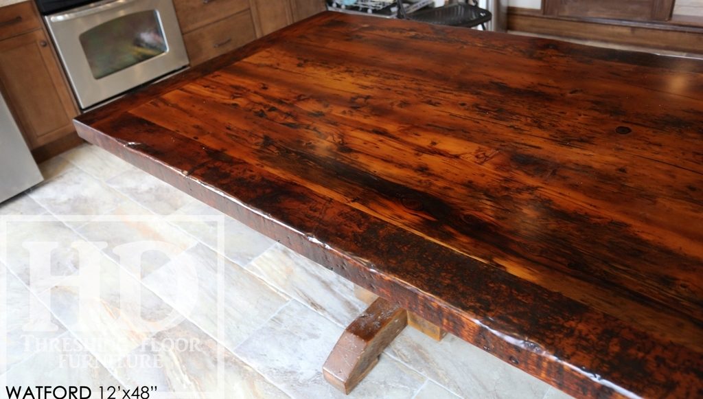 custom pedestal table Ontario, epoxy finish, resin, boardroom table Ontario, reclaimed wood tables Ontario, custom office furniture Ontario, solid wood table, mennonite furniture, Watford Ontario