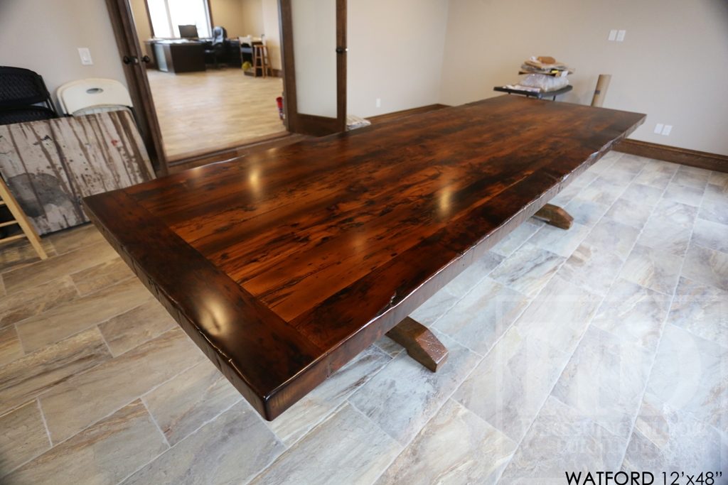 custom pedestal table Ontario, epoxy finish, resin, boardroom table Ontario, reclaimed wood tables Ontario, custom office furniture Ontario, solid wood table, mennonite furniture, Watford Ontario