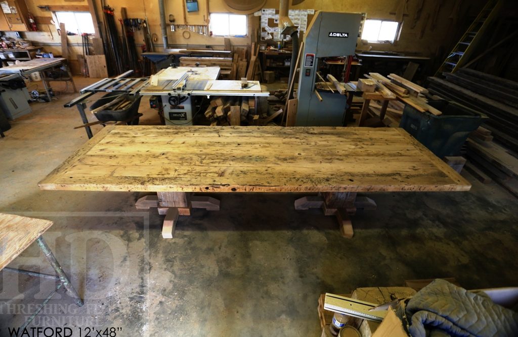 custom pedestal table Ontario, epoxy finish, resin, boardroom table Ontario, reclaimed wood tables Ontario, custom office furniture Ontario, solid wood table, mennonite furniture, Watford Ontario